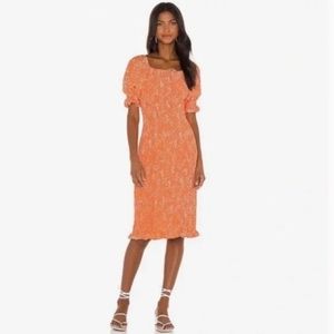 FAITHFULL THE BRAND Fae Shirred Orange Floral Smocked Crepe Midi Dress 2